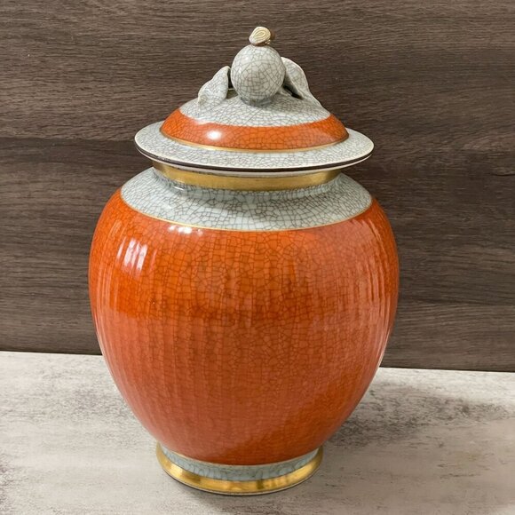 Vintage Royal Copenhagen 50s Orange Grey Craquele Crackle Vase Fruit Finial Lid - Picture 3 of 12